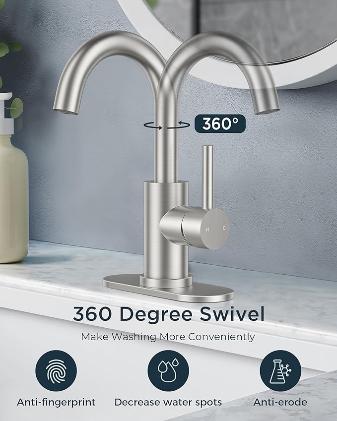 FORIOUS Single Handle Bathroom Sink Faucet 1 or 3 Hole Brushed Nickle, 360° Swivel Gooseneck Spout, Lead-Free, with cUPC Hose and Metal Pop Up Drain, Suitable for Bar Kitchen RV Vanity