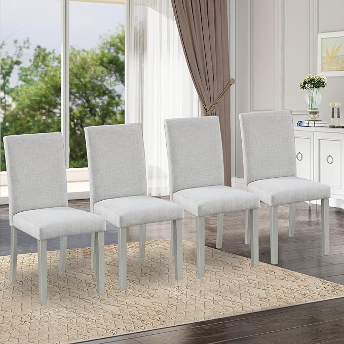 Ball & Cast Upholstered Dining-Room Chairs Set of 4, Kitchen Island Chair with Linen Padded Seat & Silver Wood Legs, 4pcs Modern Armless Side-Chair for Dining, Gray