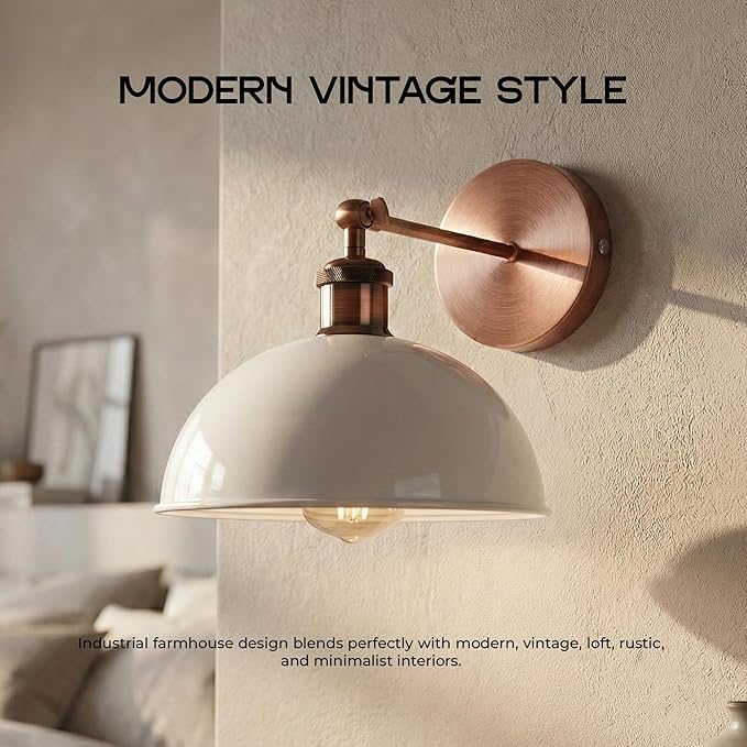 Dome Metal Wall Sconce, 180° Adjustable Industrial Wall Lamp for Bedside, Study, Kitchen, and Living Room Décor. (White_)
