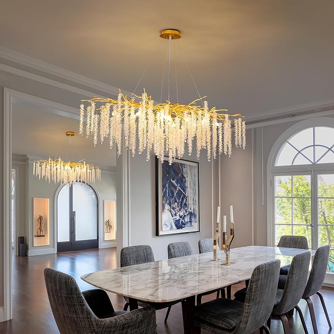 Tree Branches Chandeliers L39.5 Inch Gold Luxury Rectangular Crystal Raindrop Pendant Light 13 Lights Kitchen Island Hanging Light Fixture for Living Room Dining Room Foyer Entryway