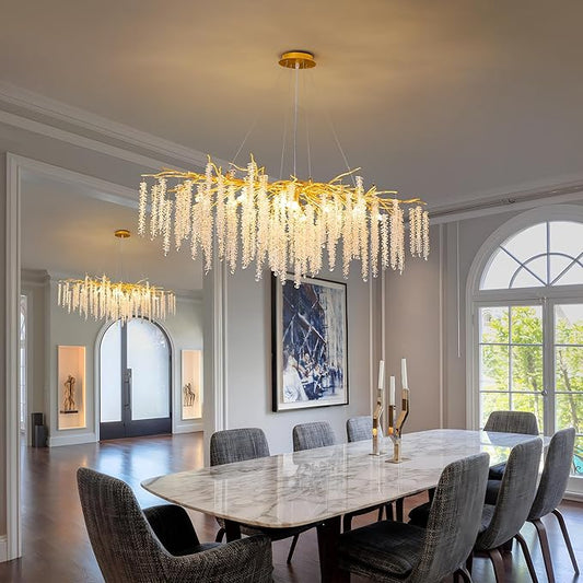 Tree Branches Chandeliers L39.5 Inch Gold Luxury Rectangular Crystal Raindrop Pendant Light 13 Lights Kitchen Island Hanging Light Fixture for Living Room Dining Room Foyer Entryway