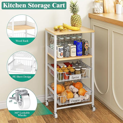 Giwil Vegetable Fruit Basket for Kitchen Pantry Organizers Storage, 4-Tier Utility Rolling Cart on Wheels with Wood Rack and Drawer Wire Baskets for Onions Potatoes Snacks, White