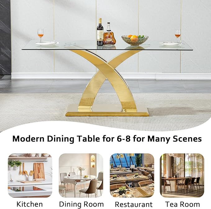 70" Glass Dining Table for 6-8, Modern Dining Room Table with 0.39" Tempered Glass Top and X-Shaped Gold Stainless Steel Base, Rectangle Kitchen Dinner Table