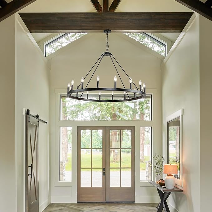 Black Wagon Wheel Chandelier Farmhouse: 16-Light 43 Inch Large Chandeliers for High Ceilings, Round Matte Black Chandelier for Dinning Room, Kitchen Island, Living Room, Foyer, Entryway
