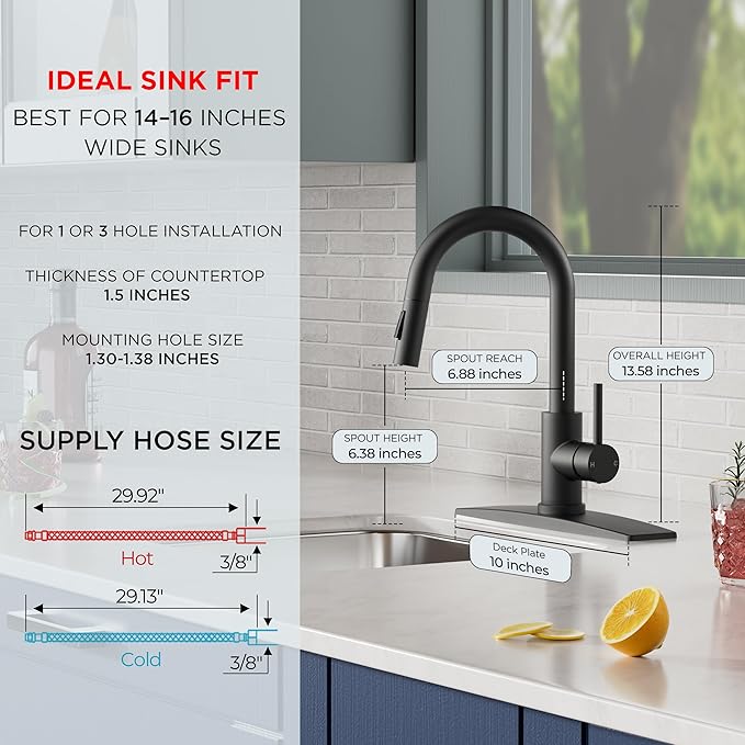 FORIOUS Black Bar Sink Faucet for Kitchen Sink, Modern Single Handle Kitchen Faucet with Pull Down Sprayer, Stainless Steel High Arc with Deck Plate for 1 or 3 Hole, Suitable for Bathroom RV Camper