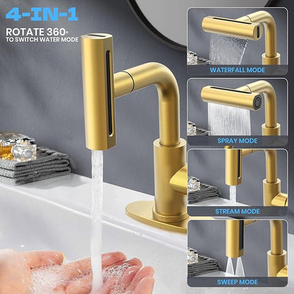 Gold Bathroom Faucet with Sprayer - Brushed Gold Bathroom Faucets for Sink 1 Hole or 3 Holes, 4 Mode Single Handle Vanity Faucet Waterfall Bathroom Faucet with Pull Down Sprayer (No Drain)
