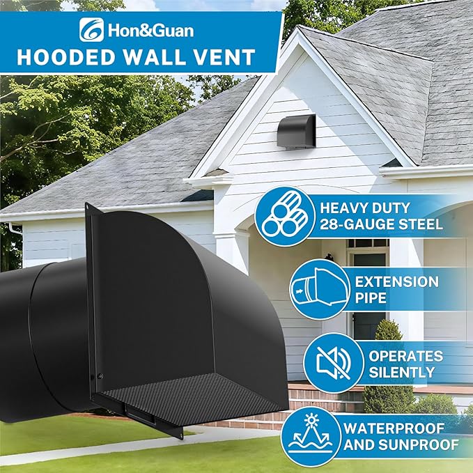 [Upgraded] Hon&Guan 4 Inch Hooded Wall Vent with Magnetic Flap and Removable Mesh, Dryer Vent Cover Outside Arc-Shaped 4'' Exhaust Vent for Dryer/Bathroom/Kitchen Range Hood(Galvanized Steel, Black)
