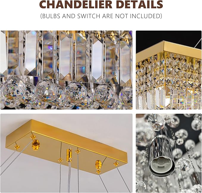 59-inch Modern Crystal Chandelier,13-Light K9 Crystal Rectangle Chandelier for Dining Room,Kitchen Island Adjustable Hanging Pendant Light Fixture,Gold Brass