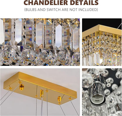 59-inch Modern Crystal Chandelier,13-Light K9 Crystal Rectangle Chandelier for Dining Room,Kitchen Island Adjustable Hanging Pendant Light Fixture,Gold Brass