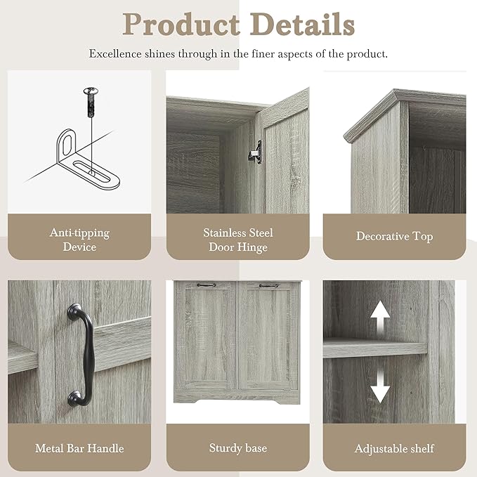 68" Tall Bathroom Storage Cabinet with One Door and Two Laundry Hampers for Home Display Organizer, Adjustable Shelf, Oak