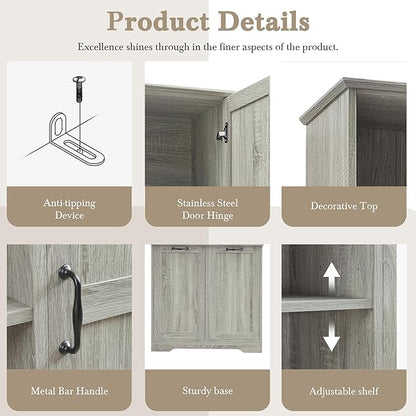 68" Tall Bathroom Storage Cabinet with One Door and Two Laundry Hampers for Home Display Organizer, Adjustable Shelf, Oak