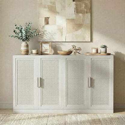 Casaphoria Adam Sideboard Buffet Cabinet with Storage, Sideboard Cabinet with Rattan Doors & Adjustable Shelves, 62" W x 36" H Coffee Bar for Entryway Kitchen Living Room, White