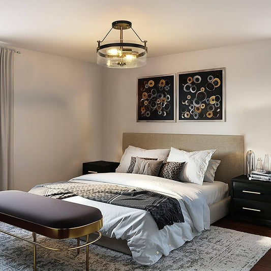 KSANA Semi Flush Mount Ceiling Light, Modern Black Gold 2 Light Ceiling Lights with Seeded Glass Mid-Century Close to Ceiling Lights for Bedroom Entryway Foyer, 12.2" W x 10.2" H