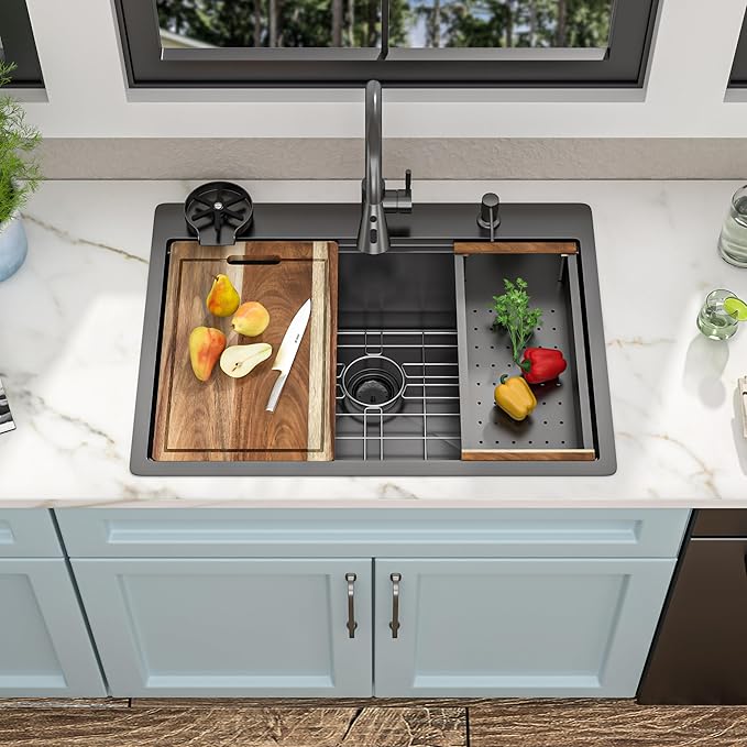 28"x22" Drop In Kitchen Sink Ledge Workstation – Gunmetal Black NANO-PVD, 16 Gauge 304 Stainless Steel Top Mount Single Bowl Sink Basin with Faucet Combo & Glass Rinser