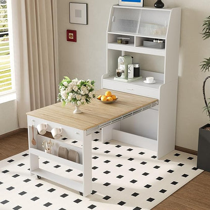 Compact Buffet with Hutch and Foldable Dining Table, Multifunctional Cupboard with Storage Shelf and Side Hooks, 2-in-1 Buffet for Small Places, Studio, Apartment (Natural-9c)