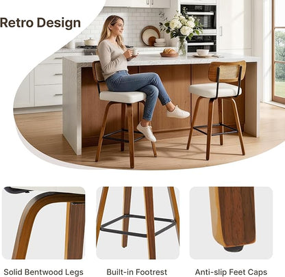 Swivel Bar Stools Set of 4, 26" Upholstered Counter Height Bar Stools with Rattan Back and Bent Walnut Wood Legs, Faux Leather Modern Barstools for Kitchen Island,Rattan Beige