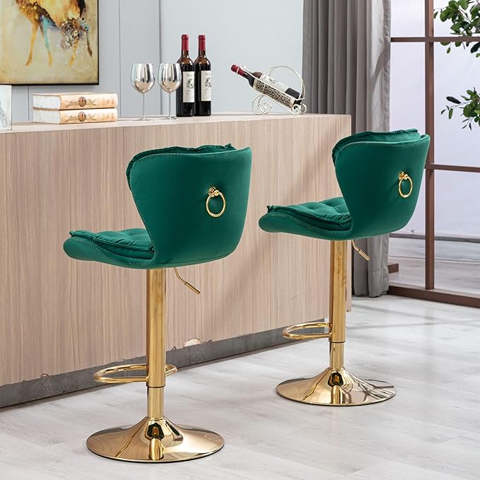 Rhomtree 24-33 Inch Swivel Bar Stools, Adjustable Counter Height Barstools, Velvet Back and Golden Footrest, Bar Chairs for Kitchen Island, Cafe, Bar, Bar Counter, Dining Room, Coffee(Green Set of 6)