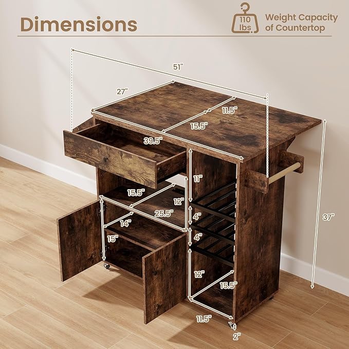 Giantex Rolling Kitchen Island Cart with Drop Leaf, Power Outlet, Spice Rack, 12 Wine Rack, Glass Holder, Drawer, Storage Cabinet, Towel Rack, Island Table for Breakfast Coffee Bar (Rustic Brown)
