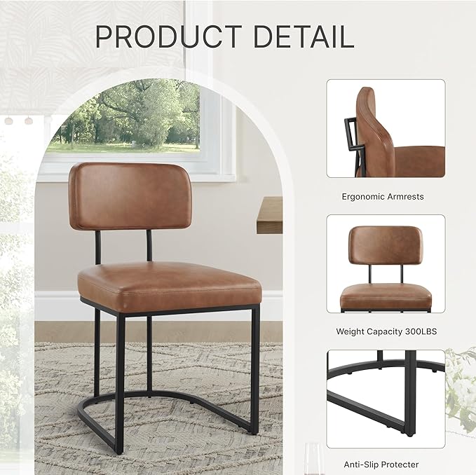 KISLOT Dining Chairs Set of 6, Upholstered Modern Kitchen Chairs with Ergonomic Backrest, Faux Leather Cushion Seat & Metal Legs for Living Room, Restaurant, and Café, Brown, 2 Boxs