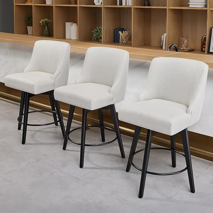 Counter Height Bar Stools Set of 4, Swivel Barstools with Backs and Wood Legs, Linen Fabric Upholstered Counter Stools for Kitchend Island, Mid-Century Modern 26" Seat Height Bar Chairs, Cream