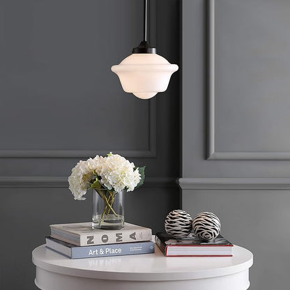 JONATHAN Y 9.5" Oil Rubbed Bronze Modern Schoolhouse LED Pendant Light Fixture, Adjustable Drop Metal Hanging Lamp with White Glass Shade for Kitchen Island, Dining Room, Foyer (JYL3517C)