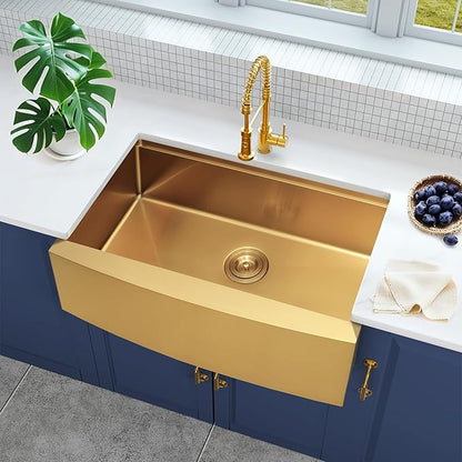 Kitsitchen 33 Inch Gold Farmhouse Sink,16 Gauge Single Bowl Workstation Stainless Steel Rustic Farmhouse Kitchen Sink,Large Apron Front Undermount Farm Kitchen Sinks with Accessories(33"x20"x10")