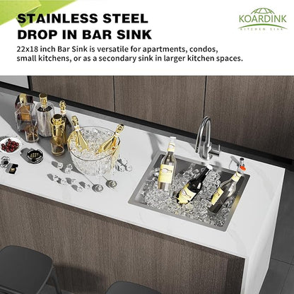 Stainless Steel Undermount Single Bowl Sink - 22x18 Inch Modern Bar & Kitchen Combo - SS Grid, Silicon Mat, Drain Strainer Set