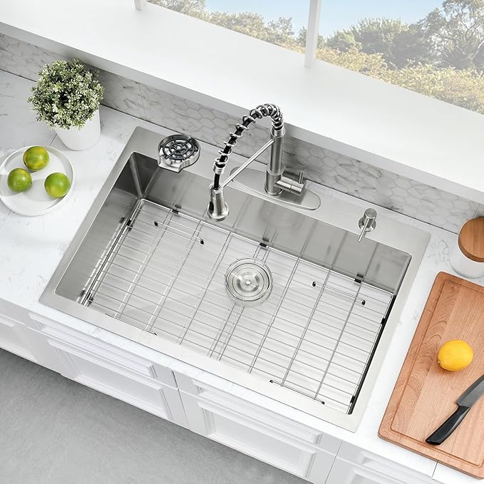 33×22 Drop In Kitchen Sink with Faucet Combo - Stainless Steel Kitchen Sink Drop In with Cup Washer, 9 Inch Deep Single Bowl Kitchen Sinks and Faucets Combo Set