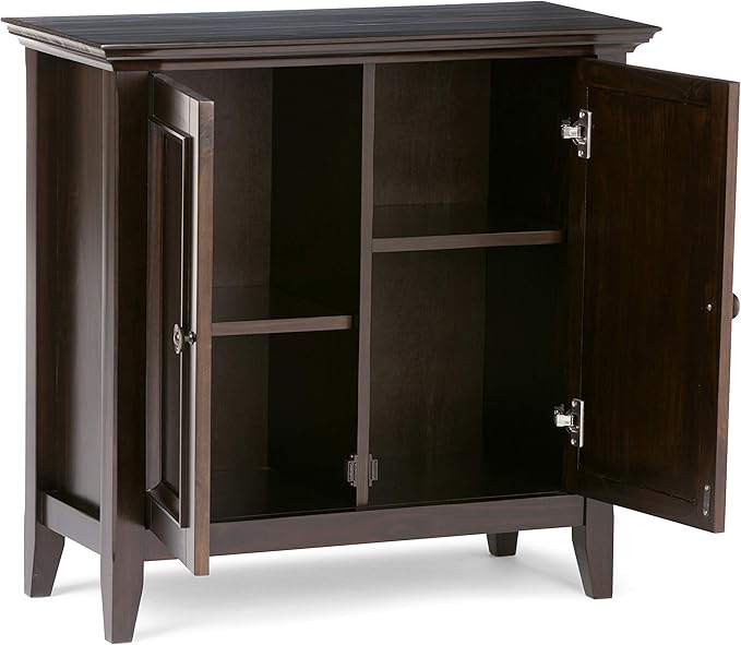 SIMPLIHOME Amherst 32-inch Wide Solid Wood Transitional-Style Low Storage Cabinet in Hickory Brown for Living Room, Entryway, or Dining Area with Adjustable Shelves