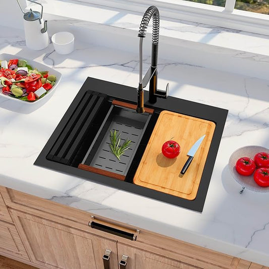 28 Inch Black Drop In Kitchen Sink, 16 Gauge Stainless Steel Single Bowl Topmount Kitchen Sink With All Accessories, 28"x22"x9" Workstation Sink