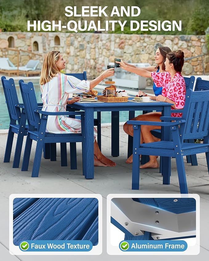 YEFU HIPS Patio Table Set: 5 Piece Outdoor Table and Chairs Dining Furniture Set with Umbrella Hole - Blue Modern Plastic Dining Sets 4 Person for Outside Deck with Metal Aluminum Frame