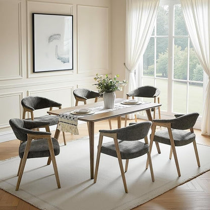 HULALA HOME Dining Chairs Set of 6, Mid-Century Modern Upholstered Dining Room Chair with Armrest, Curved Backtrst & Solid Wood Legs, Kitchen Side Chairs for Resurant, Living Room - Dark Gray