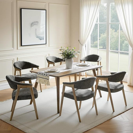 HULALA HOME Dining Chairs Set of 6, Mid-Century Modern Upholstered Dining Room Chair with Armrest, Curved Backtrst & Solid Wood Legs, Kitchen Side Chairs for Resurant, Living Room - Dark Gray