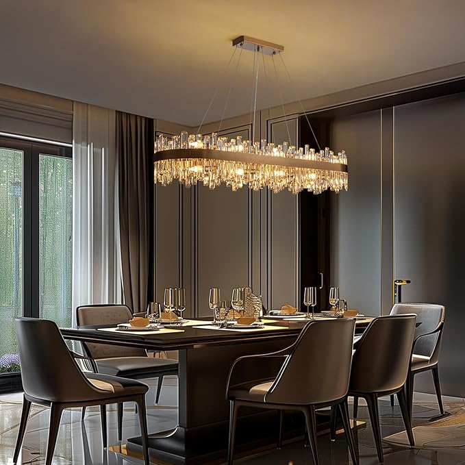 Siljoy Modern Crystal Chandelier, L52'' Luxury Rectangular Brushed Brass Gold Crystal Raindrop Chandelier Large Oval Crystal Pendant Ceiling Light Fixture for Dining Room Kitchen Island, E12 x 20