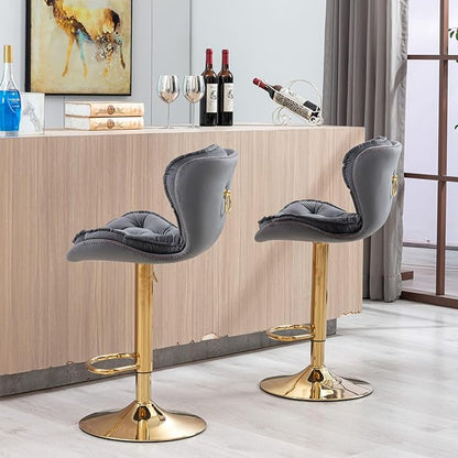 Rhomtree 24-33 Inch Swivel Bar Stools, Adjustable Counter Height Barstools, Velvet Tufted Back and Golden Footrest, Bar Chairs Kitchen Island, Cafe, Bar Counter, Dining Room, Coffee(Grey Set of 2)