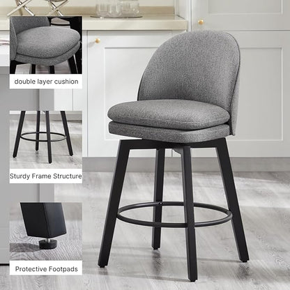 Counter Height Barstools 26 inch Upholstered Swivel Bar Stools with Back and Wood Legs for Kitchen Island,Set of 2,Dark Grey Fabric-Armless