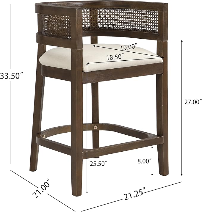 Set of 2 Upholstered Arm Counter Stools with Solid Rubberwood Frame & Natural Rattan Caned Back,Soft Padded Seating,Transitional Farmhouse Chairs for Kitchen Island Dining Room,25.5" H Walnut