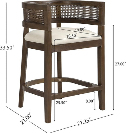 Set of 2 Upholstered Arm Counter Stools with Solid Rubberwood Frame & Natural Rattan Caned Back,Soft Padded Seating,Transitional Farmhouse Chairs for Kitchen Island Dining Room,25.5" H Walnut