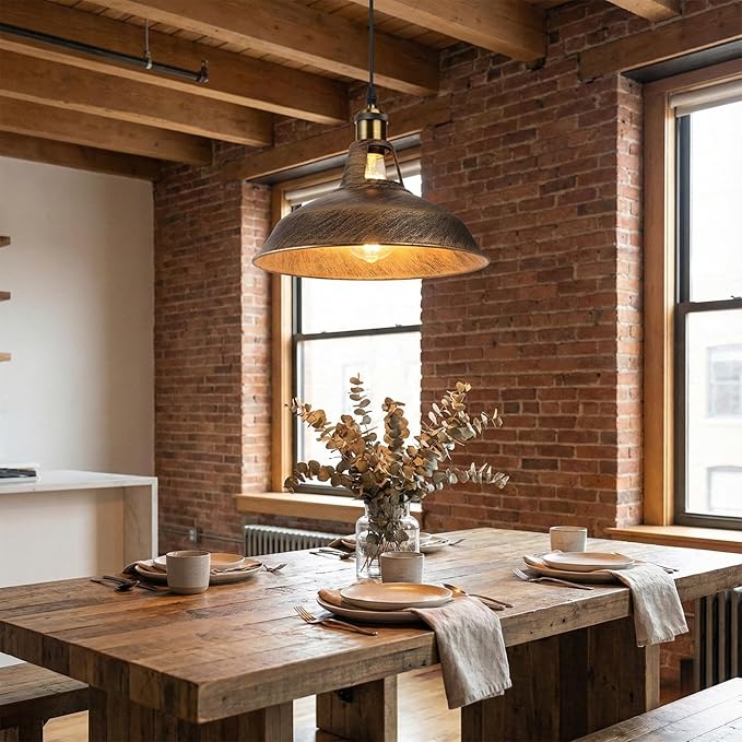 1M Vintage Barn Pendant Lighting with Adjustable Cord Industrial Pendant Light Metal Hanging Lamps for Living Room, Kitchen, Dining Room, Bedroom Rustic Red (Brushed Copper)