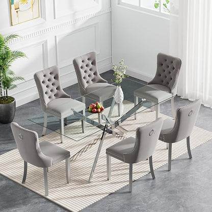 60" Rectangle Dining Table for 6 5 4 People, Modern Dining Table with Silver Chrome Metal X-Shaped Legs, Large Glass Kitchen Tables Family Dinner Tables for Home Office Living Room