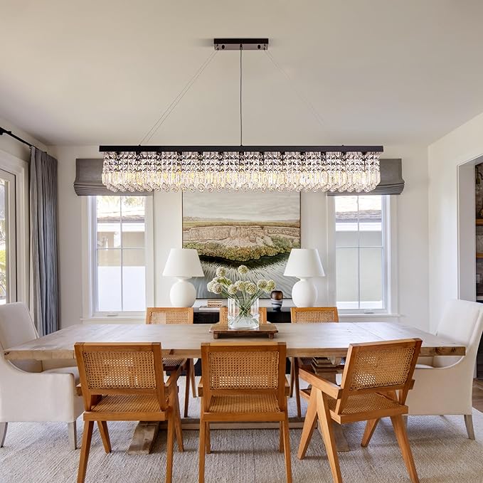 59-inch Modern Crystal Chandelier,13-Light K9 Crystal Rectangle Chandelier for Dining Room,Kitchen Island Adjustable Hanging Pendant Light Fixture,Black Finish