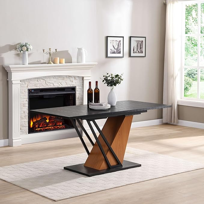 62" Extendable Island Table, Rustic Dining Table with Metal Frame, Mid Century Dining Table with MDF Top for Kitchen Dining Office, Black Brown