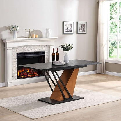 62" Extendable Island Table, Rustic Dining Table with Metal Frame, Mid Century Dining Table with MDF Top for Kitchen Dining Office, Black Brown