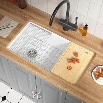 Offset Drain Fireclay Undermount Workstation Kitchen Sink 33 Inch, Large Topmount White Undermount Sink 33''x19''x10'' Drop In, Deep Single Bowl Heavy Duty, Dual Mount, for Kitchen, Island