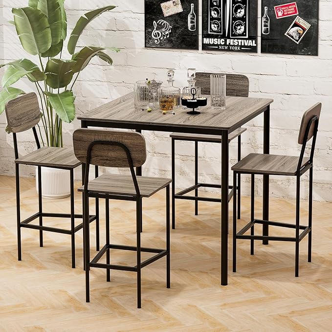 KOTEK 5-Piece Counter Height Dining Table Set, Industrial Kitchen Table and Chairs for 4, Space-Saving Dinette Set with Bar Stools for Dining Room, Pub, Restaurant (Grey Oak)