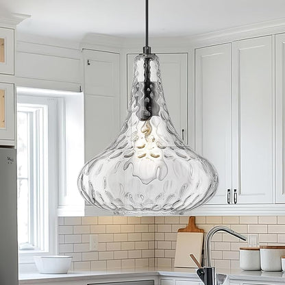 AUTELO Black Pendant Lights Kitchen Island, 10" Hammered Pendant Lights, Industrial Hanging Lamp in Matte Black Finish and Clear Hammered Glass, Pendant Light Fixtures for Dining Room, H9164 HMBK