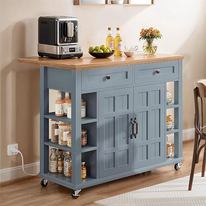 YITAHOME Kitchen Island with Drop Leaf & Power Outlet, Rolling Kitchen Cart on Wheels, Americana Kitchen Island Cabinet with Open Shelves for Kitchen Dining Room, Thicker Rubberwood Top, Grey Blue
