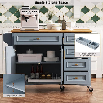 Kitchen Island with Drop Leaf, Embossed Texture Kitchen Island on Wheels with Spice Rack,Towel Rack, 2 Doors and 5 Drawers, Kitchen Storage Cart with Adjustable Shelf for Kitchen (Blue+Grey@093)