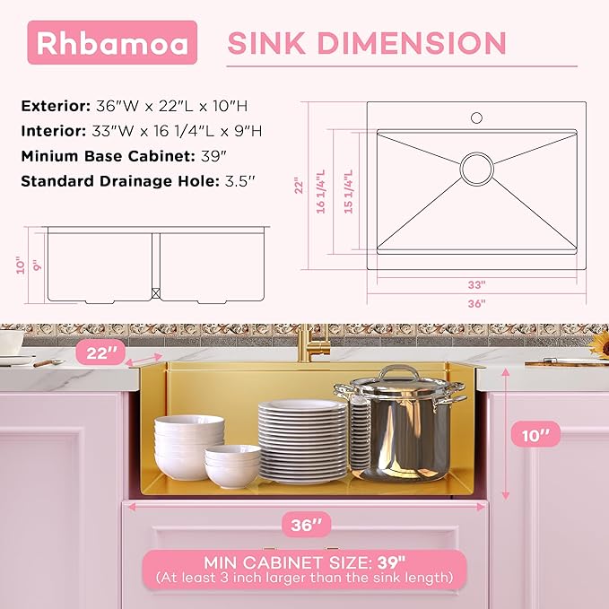 Rhbamoa 36 Inch Gold Farmhouse Sink,16-Gauge T304 Stainless Steel Drop in Kitchen Sinks,Gold Single Bowl Apron Front Kitchen Farm Sink,Deep Topmount Workstation Sinks with All Accessories