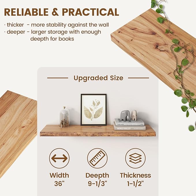 Venusmiles Reclaimed Elm Wood Floating Shelves for Wall, Live Edge 36" W x 9.2" D x 1.4" H, Set of 2 Invisible Wall Mounted Shelves for Living Room Bedroom Kitchen Bathroom Decor, Natural Finish